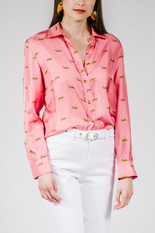 Gold Leopard Stroll Button-Down Blouse in Rose