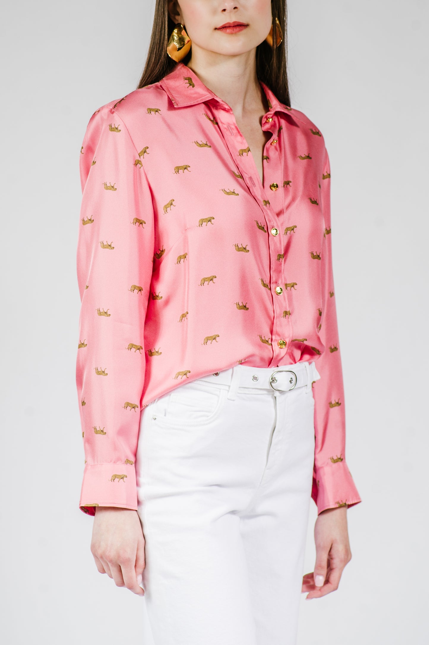 Gold Leopard Stroll Button-Down Blouse in Rose