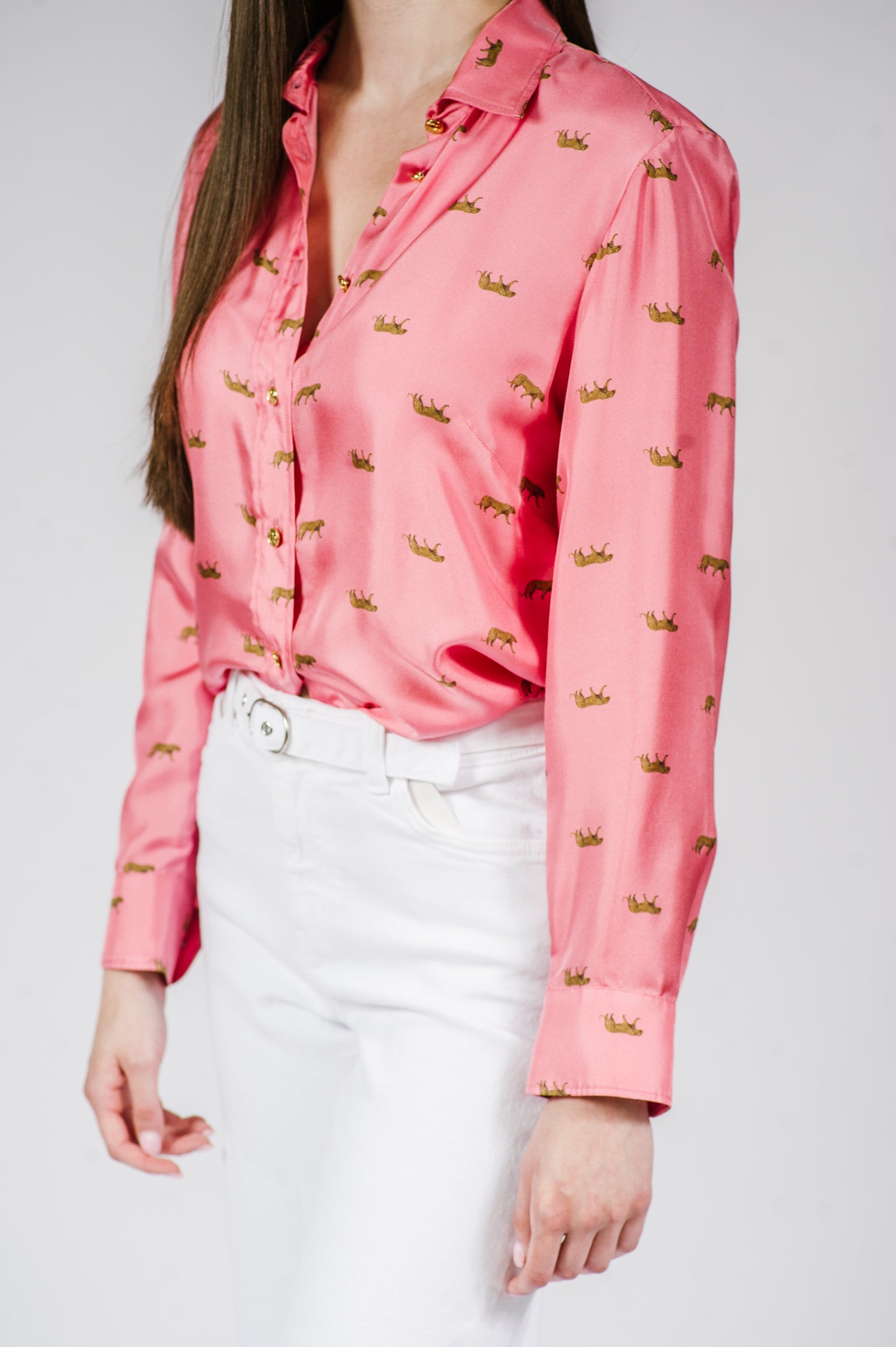 Gold Leopard Stroll Button-Down Blouse in Rose