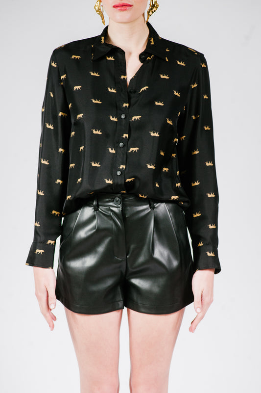 Gold Leopard Stroll Button-Down Blouse in Black