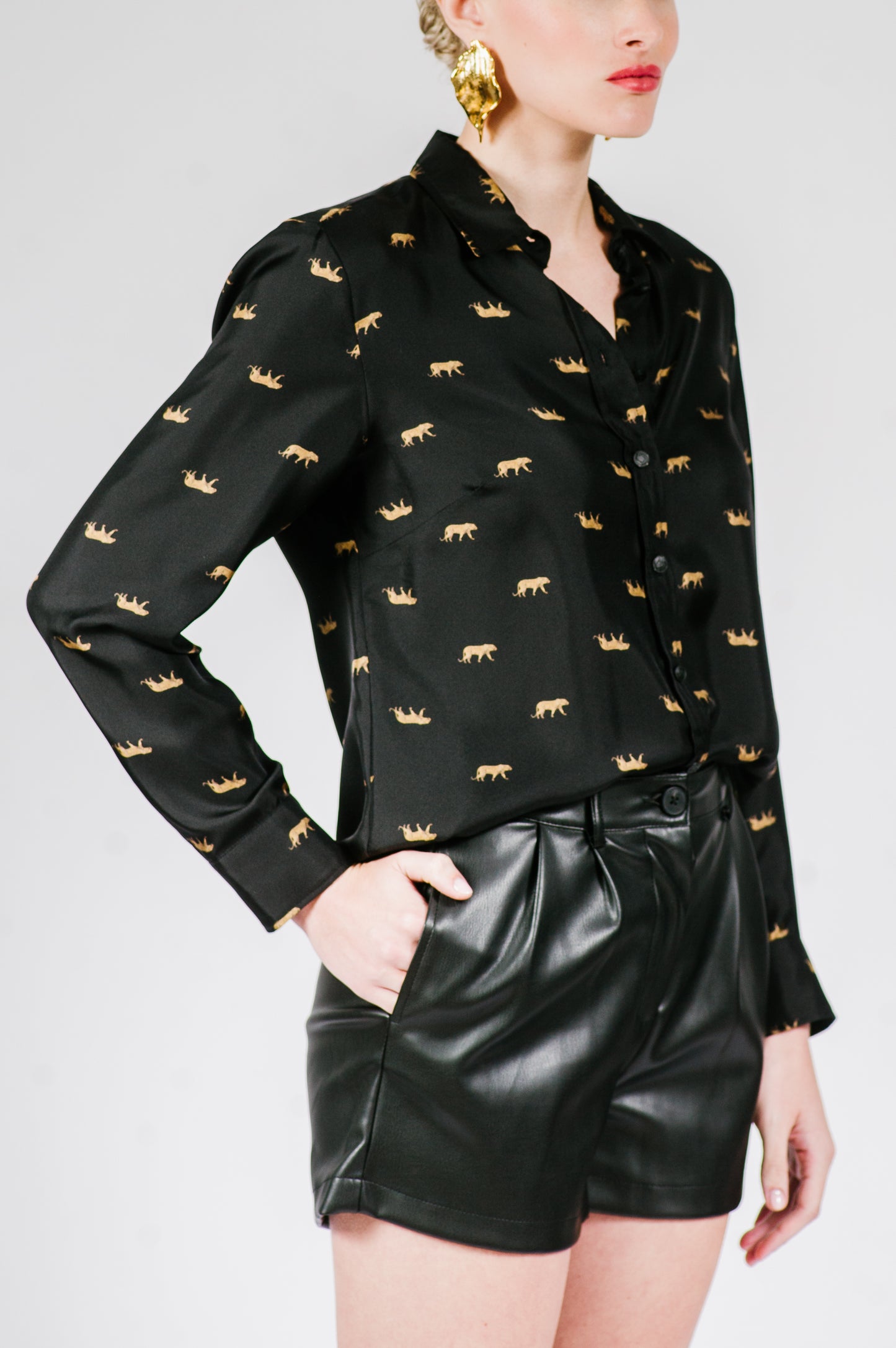 Gold Leopard Stroll Button-Down Blouse in Black