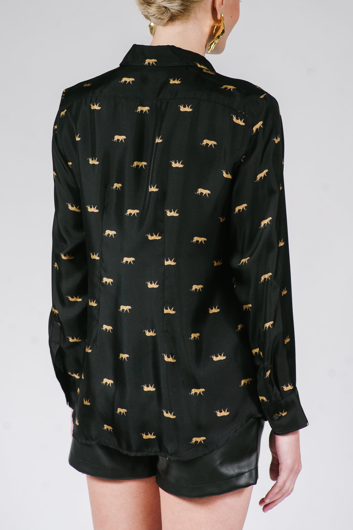 Gold Leopard Stroll Button-Down Blouse in Black