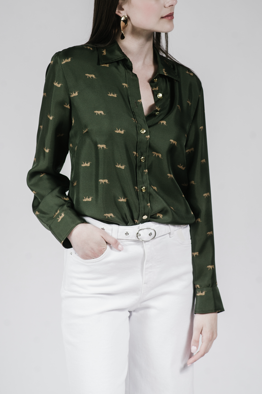 Gold Leopard Stroll Button-Down Blouse in Camo Green