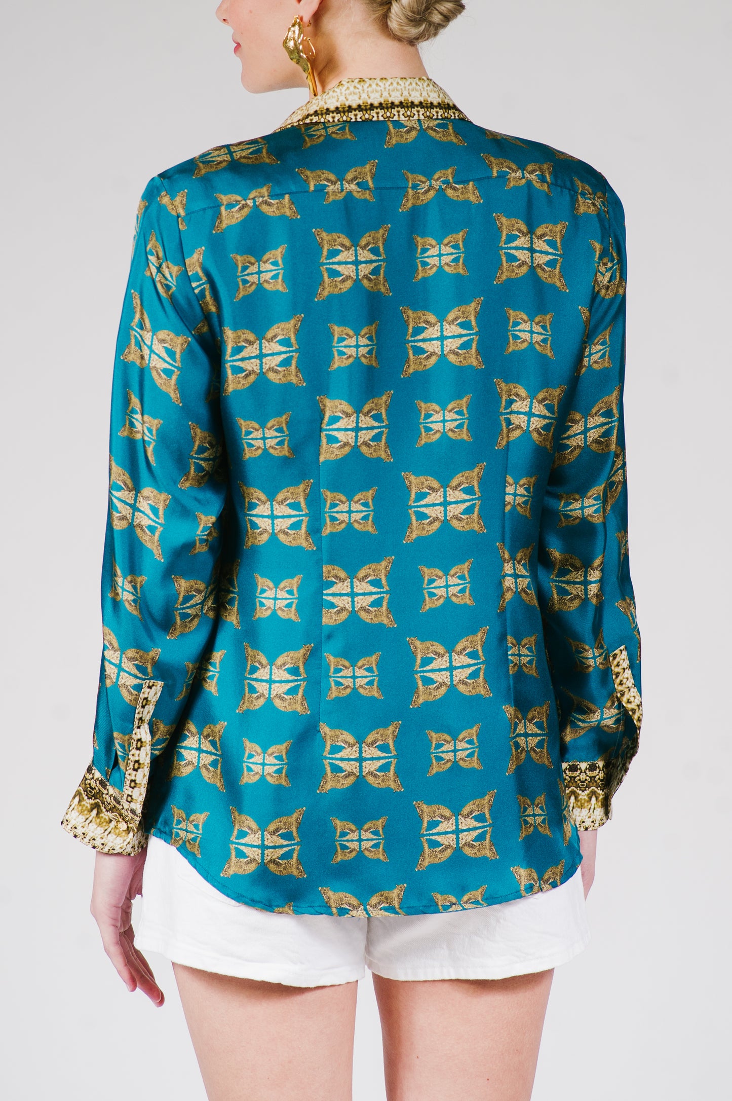 Leopard Gold Button-Down Blouse in Teal