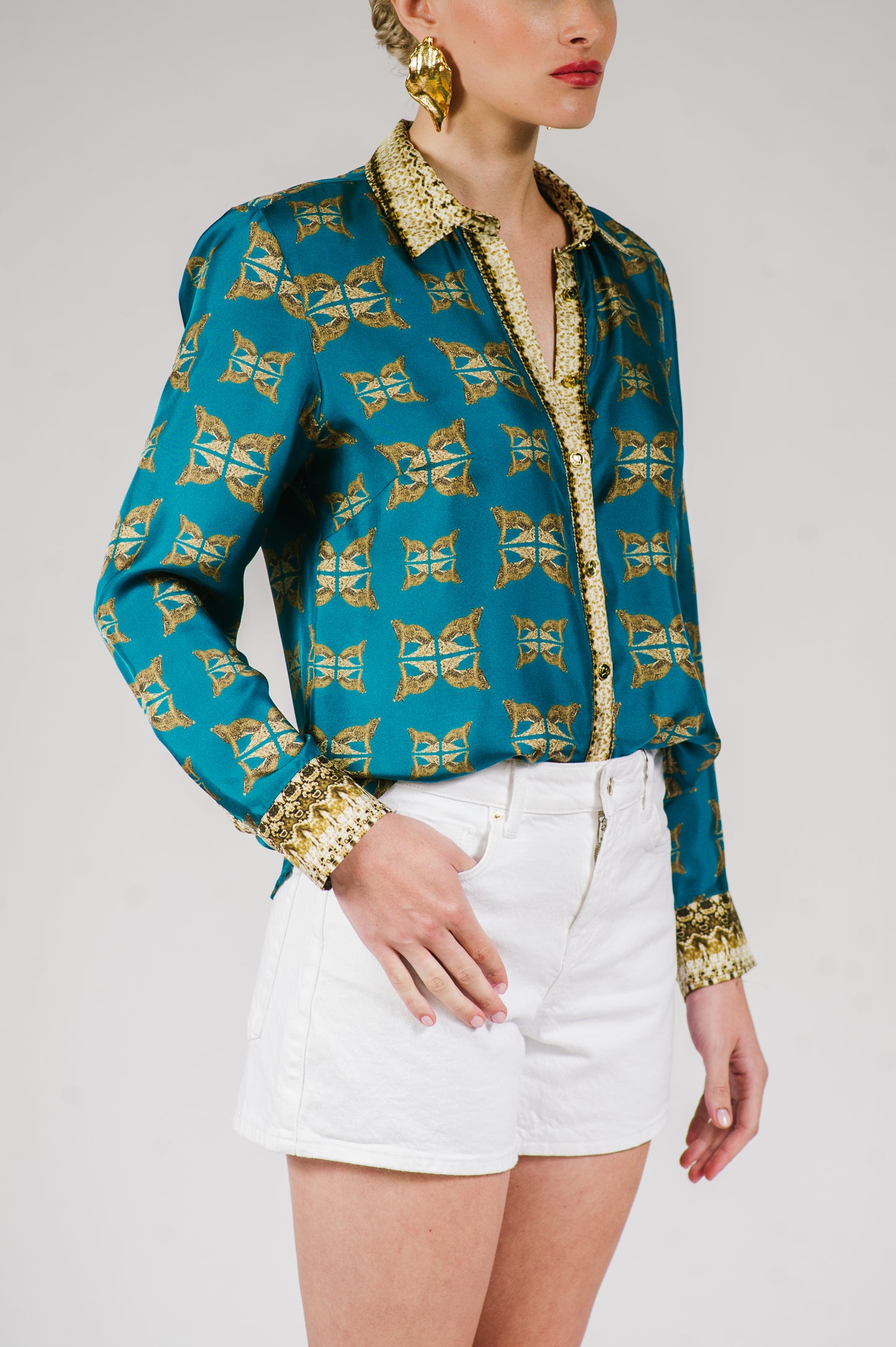 Leopard Gold Button-Down Blouse in Teal