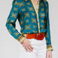 Leopard Gold Button-Down Blouse in Teal