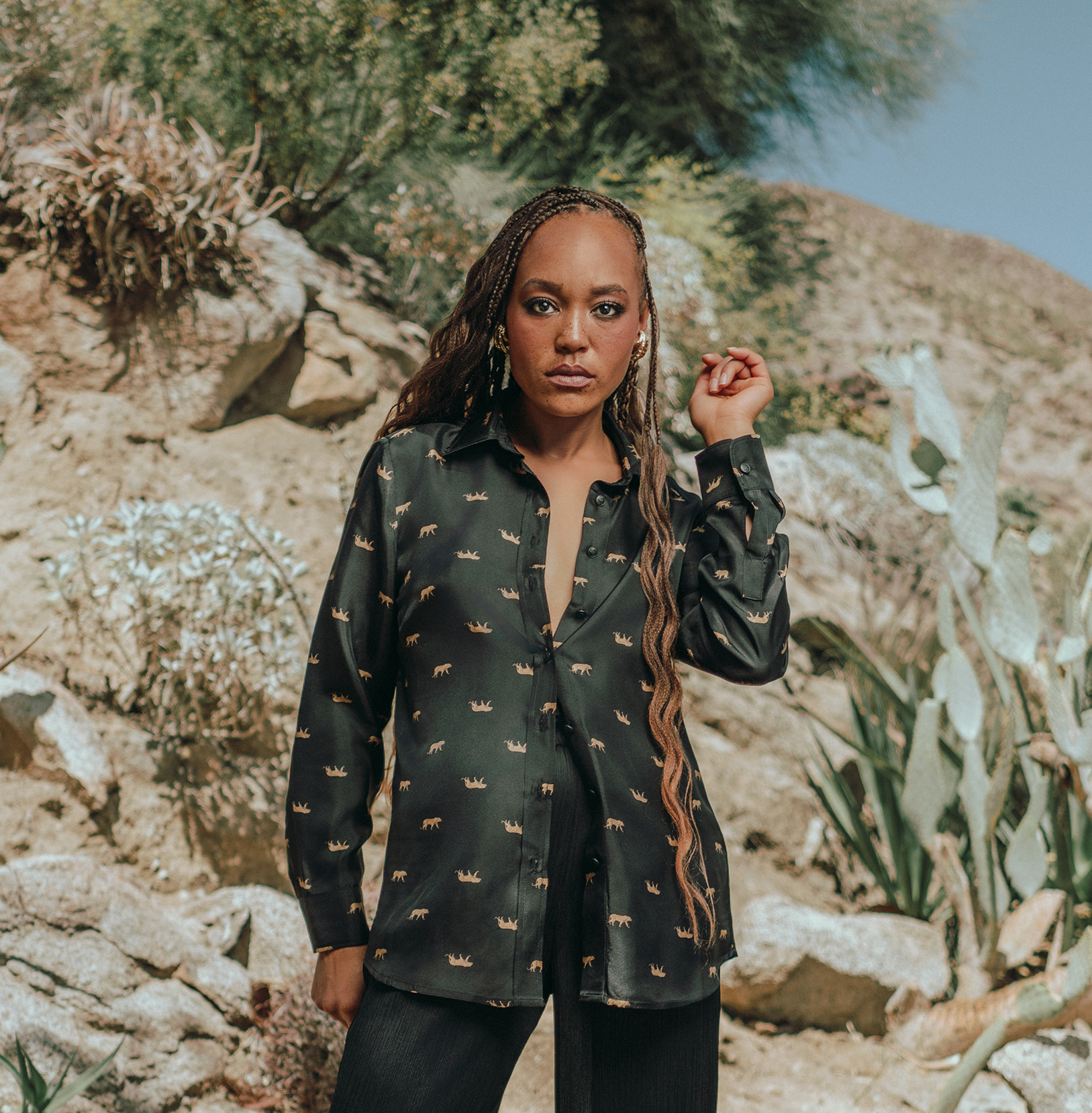 Gold Leopard Stroll Button-Down Blouse in Black