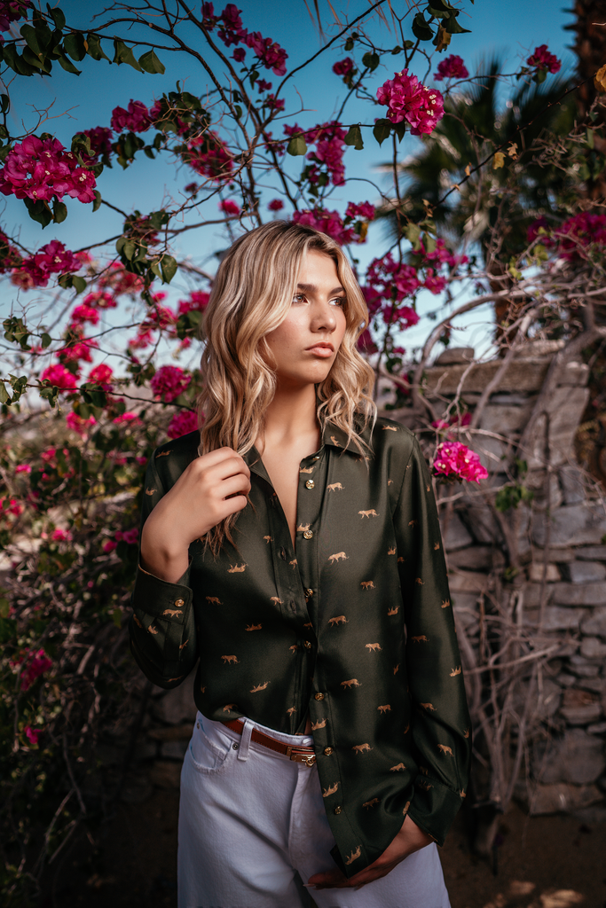 Gold Leopard Stroll Button-Down Blouse in Camo Green