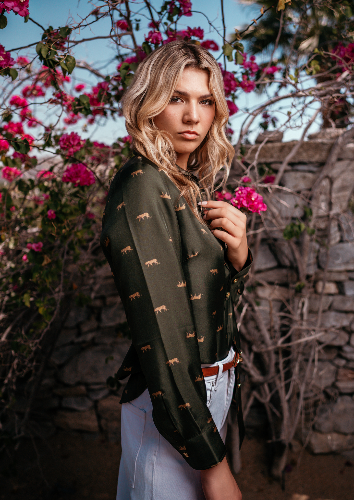 Gold Leopard Stroll Button-Down Blouse in Camo Green